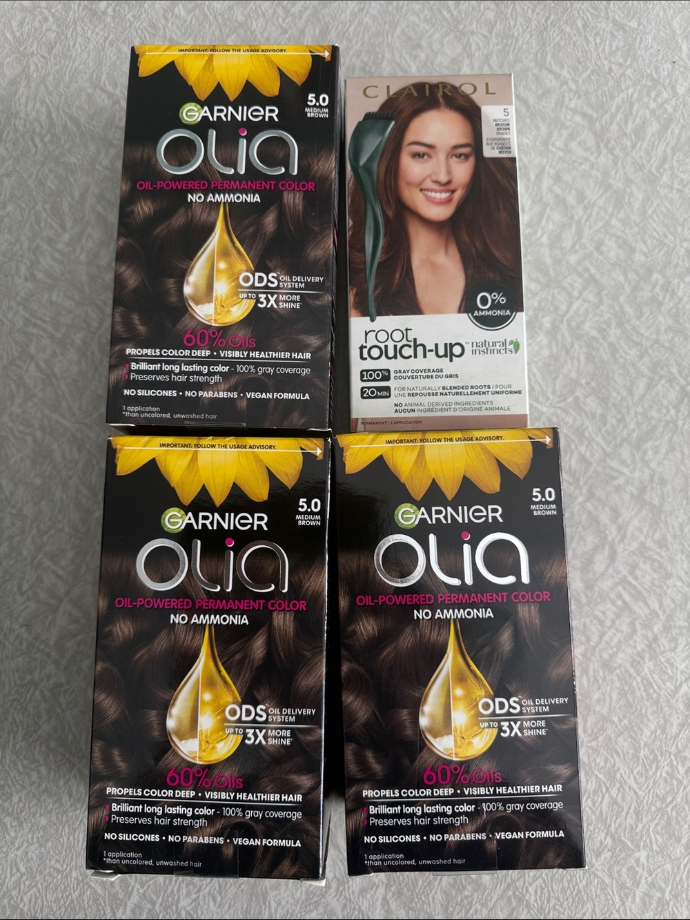 Garnier Olia Médium Brown x 3 boxes + bonus Clairol Root Touch Up Medium Brown